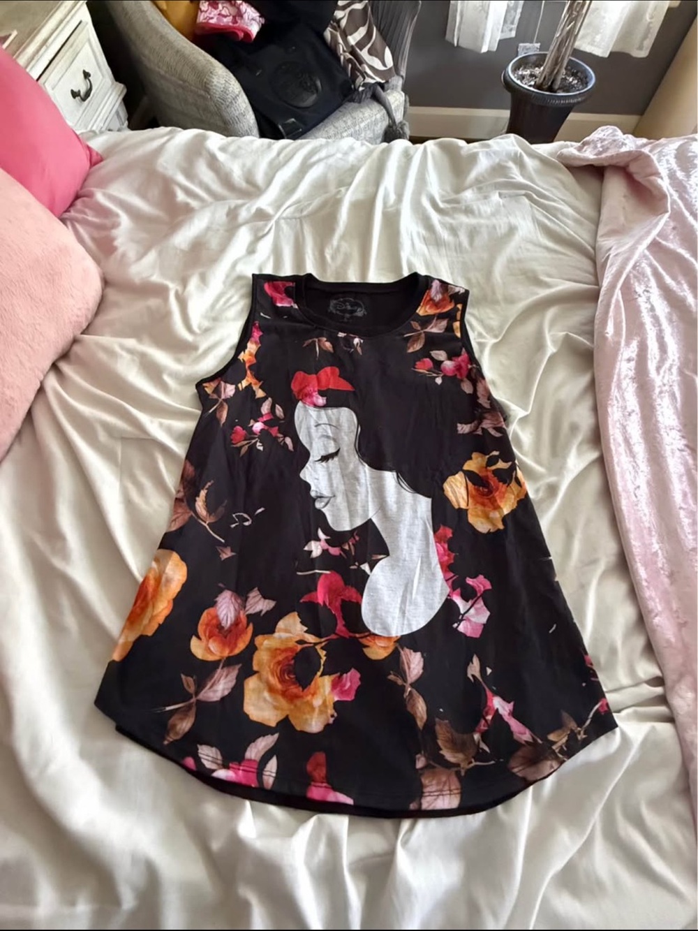 Disney Black Floral Tank with White Profile and Pink/Orange Blooms